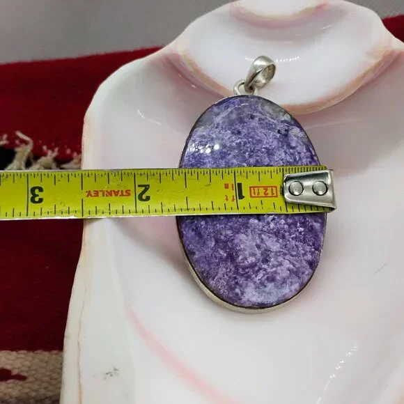 Huge Purple Charoite Sterling Silver Pendant Oval Slab 3" Long 26.4g - Picture 6 of 9